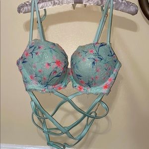 beautiful teal mint green flower PINK bra